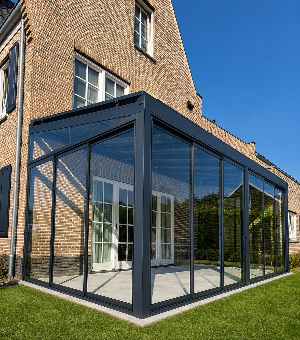 Veranda met glazen schuifwanden en vrij uitzicht